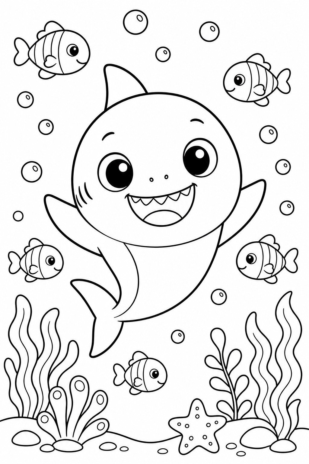 A little shark with some fish – colouring page