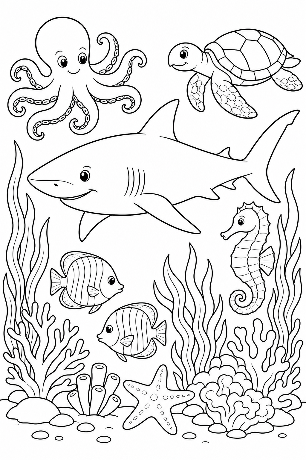 Shark, octopus and tortoise – colouring book
