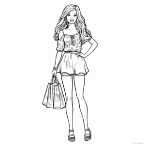 Fata Barbie cu sacoșă de cumpărături – fișă de colorat