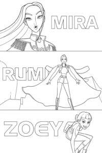 Mira Rumi dan Zoey Huntrix – halaman mewarnai