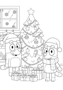 Bluey und Bingo vor dem Weihnachtsbaum – Malvorlage