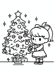 Das Mädchen schmückt den Weihnachtsbaum – Malvorlage