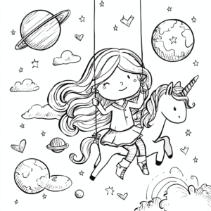 Fata pe un unicorn în univers – fișă de colorat