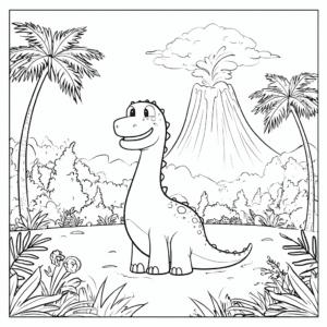 Dinosaurier vor dem Vulkan – Malvorlage