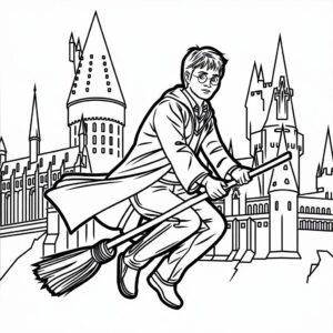 Harry Potter pe o mătură în fața Hogwarts – fișă de colorat