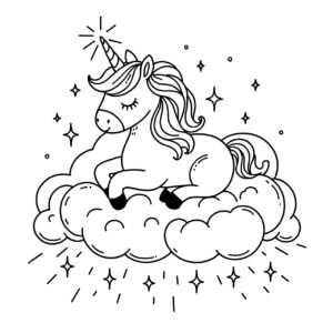 Unicórnio sentado em uma nuvem – desenho para colorir