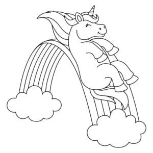 Unicorn alunecând pe un curcubeu – fișă de colorat