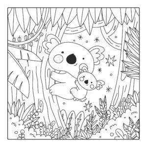 Koala mladiček na drevesu – pobarvanka