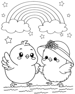 Galinhas e o arco-íris – desenho para colorir