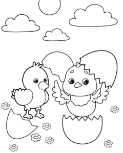 Chicks hatching from eggs – colouring page