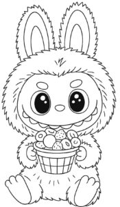 Labubu com uma cesta de guloseimas – desenho para colorir