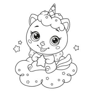 Unicorn kitten on a cloud – colouring page