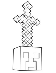 Sword in the head of a Minecraft zombie – colouring page