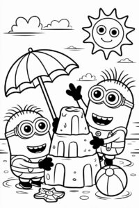 Minionki a hrad z piesku – kolorowanka