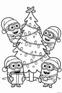 Minionki i choinka – kolorowanka