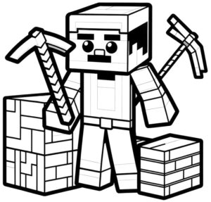 Minecraft Steve with a pickaxe – colouring page