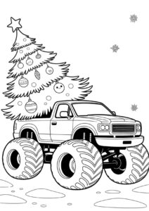 Monster truck a vánoční stromek – omalovánka