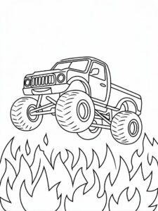 Monster Truck springt über Feuer – Malvorlage