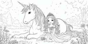 princesa na travniku z enorogom – pobarvanka