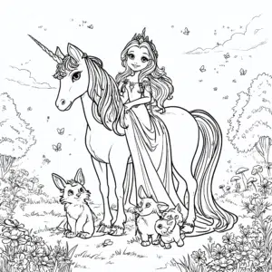Princesa na enorožcu in živali – pobarvanka