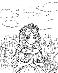 Princesa pred cvetjem – pobarvanka