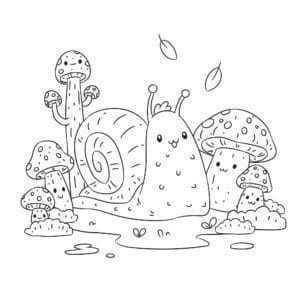 Schnecke und Pilze – Malvorlage