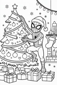 Spiderman u vánočního stromku – omalovánka