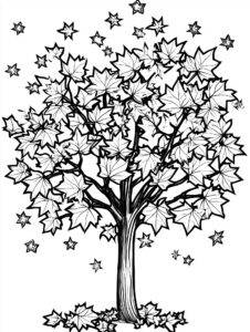 Árvore no outono e estrelas – desenho para colorir