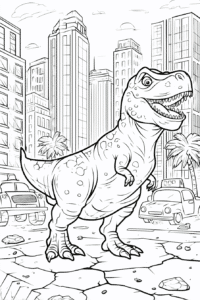 Tyrannosaurus rex in der Stadt – Malvorlage