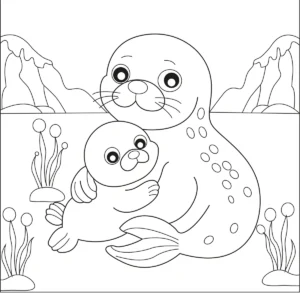 Filhote de foca com a mãe – desenho para colorir