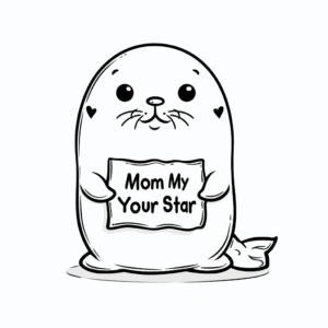 Seal holding a mum sign – colouring page