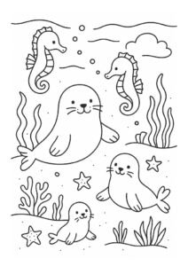 Seals and seahorses – colouring page