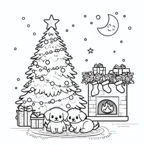 Weihnachtsbaum und Hunde – Malvorlage