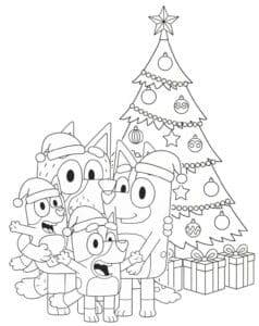 Bluey seluruh keluarga di depan pohon Natal – halaman mewarnai