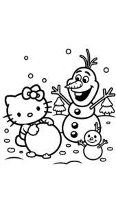 Om de zăpadă Hello Kitty de Crăciun – fișă de colorat