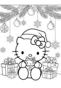 Hello kitty pod choinkaom – kolorowanka