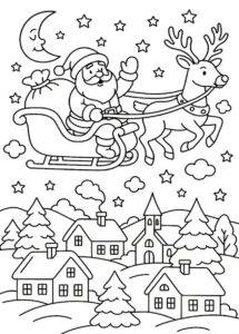 Santa Claus létá nad vesnicí – omalovánka