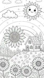 Sonnenblumen und Haus auf einem Hügel – Malvorlage