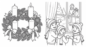 Kinder freuen sich auf Nikolaus – Malvorlage