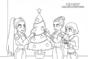 Huntrix, pemburu setan, menghiasi pohon Natal – halaman mewarnai