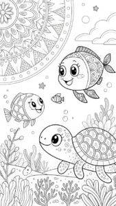 Schildkröte und Fische – Malvorlage