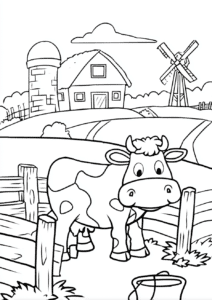 Cow on a farm – colouring page