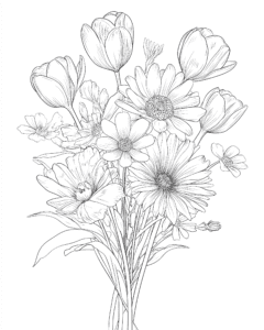tulipas e flores gerbera – desenho para colorir