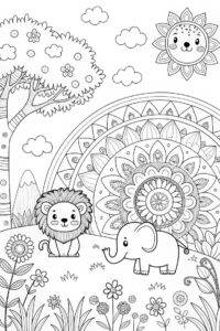 Löwe und Elefant – kompliziert – Malvorlage