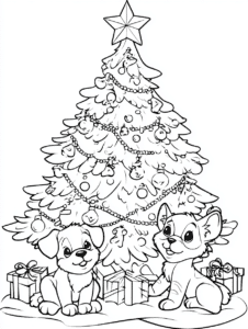 Hund und Katze unter dem Weihnachtsbaum – Malvorlage