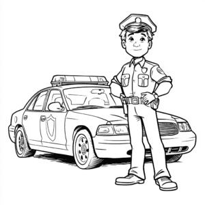 policial na frente de um carro da polícia – desenho para colorir
