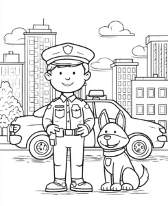 policial com cão policial e carro – desenho para colorir