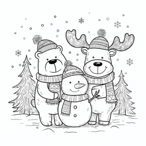 Ein Schneemann mit einem Bären und einem Rentier – Malvorlage