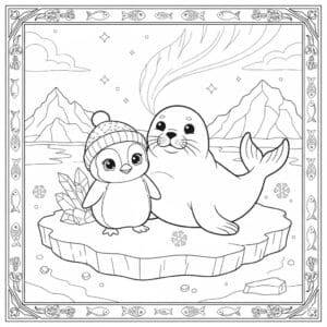 Pinguim com foca no gelo – desenho para colorir