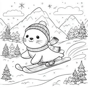 Foca esquiando no inverno – desenho para colorir